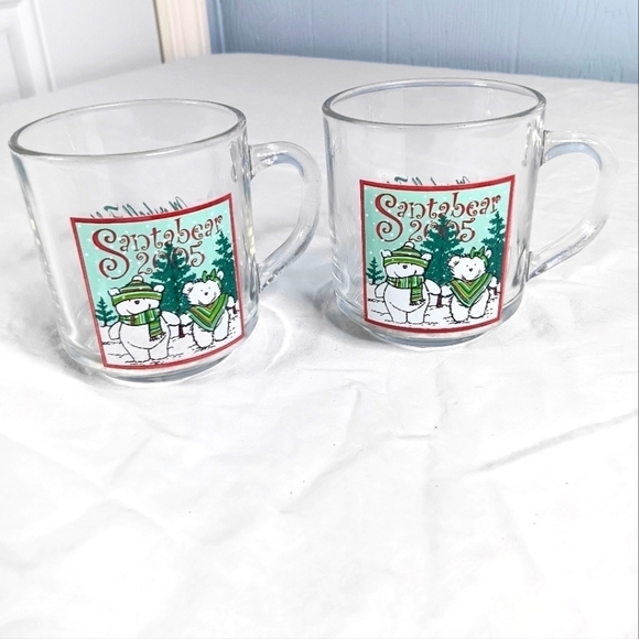VTG Santa bear Christmas Mugs Glass Coffee Cups set 2005 Marshall Fields Holiday - Picture 2 of 9